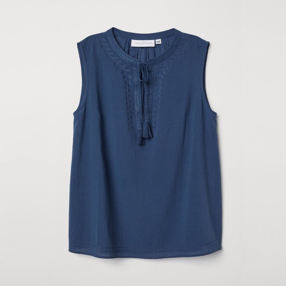 H&M Blue Sleeveless Embroidered Cotton Blouse Tie Front size US 14